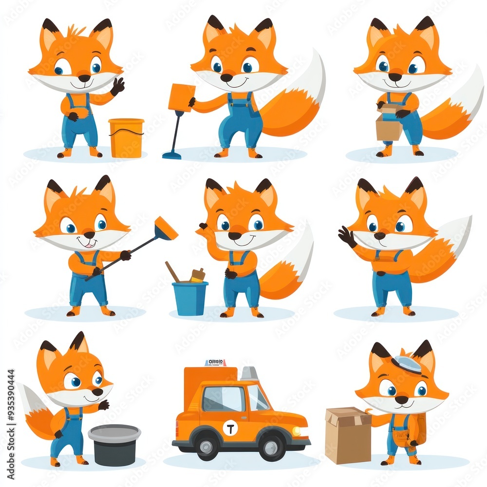 A cartoon fox character engaging in various activities like cleaning and transporting items. A cartoon fox character engaging in various activities like cleaning and transporting items.