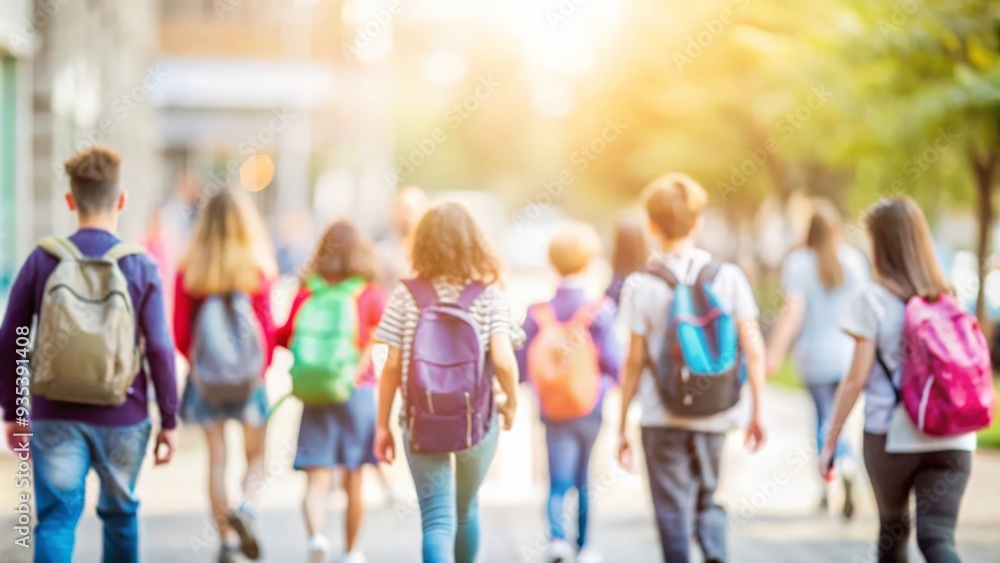 Back to school blurred concept, happy group of children & teenagers walking to school. Young girls & boys with backpacks & rucksacks Back to school blurred concept, happy group of children & teenagers walking to school. Young girls & boys with backpacks & rucksacks