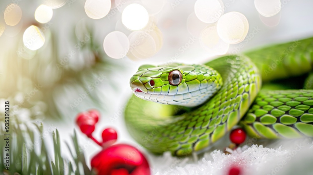 A bright green snake coils elegantly on a soft white surface, surrounded by holiday decorations, evoking a cheerful and festive atmosphere in nature A bright green snake coils elegantly on a soft white surface, surrounded by holiday decorations, evoking a cheerful and festive atmosphere in nature