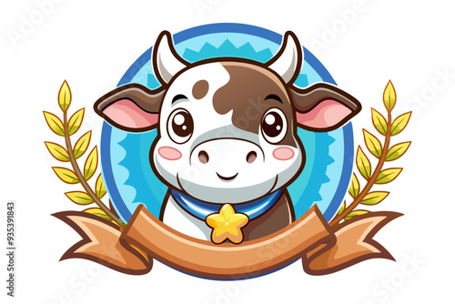 Cartoon Cow Head with Blue Circle and Brown Ribbon