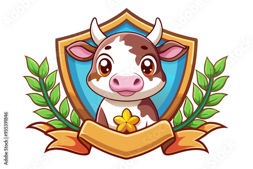 Cartoon Cow in a Shield with Laurel Wreaths and a Banner
