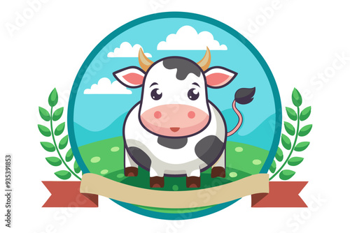 Cartoon Cow in a Circular Frame with a Banner and Leaves