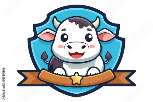 Cartoon Cow in Blue Shield with Ribbon and Star