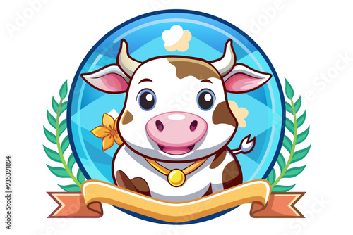 Cartoon Cow with Flower and Ribbon Inside a Blue Circle