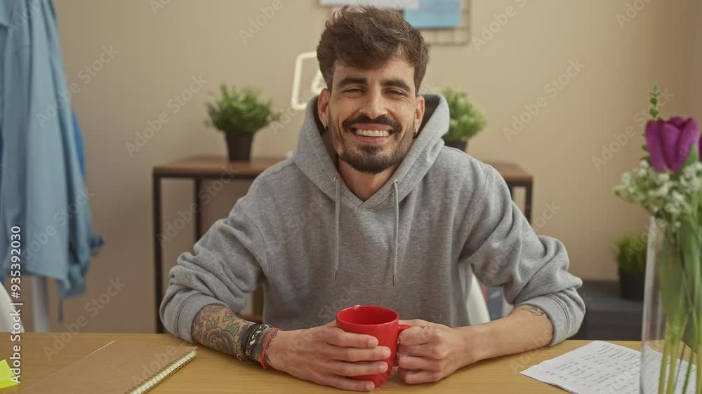 A smiling young man with a beard, enjoying a moment with a red mug in a cozy apartment living room. A smiling young man with a beard, enjoying a moment with a red mug in a cozy apartment living room.