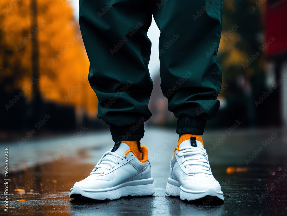 A person is standing in the rain wearing white shoes and green pants A person is standing in the rain wearing white shoes and green pants