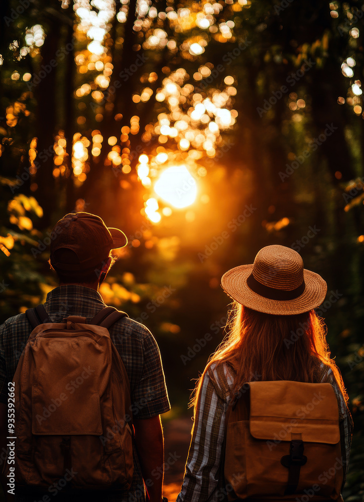 A man and a woman are walking in a forest A man and a woman are walking in a forest