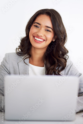 Portrait, small business and woman with laptop, smile and finance clerk on white studio background. Face, professional and happy employee with pc, accounting report and admin for investment planning