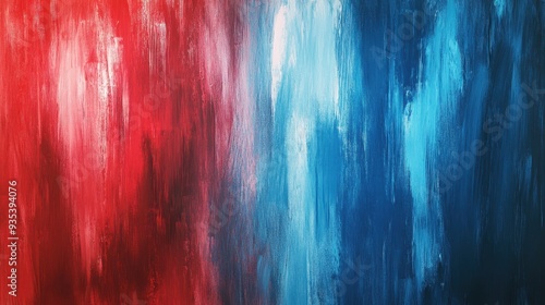 Abstract painting with red and blue vertical streaks blending together.