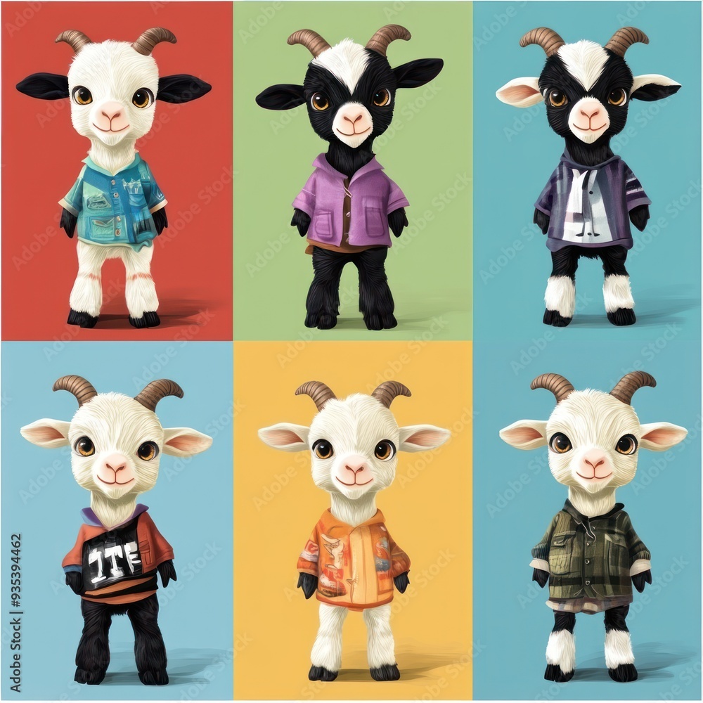 A collection of stylized cartoon goats in various outfits against colorful backgrounds. A collection of stylized cartoon goats in various outfits against colorful backgrounds.