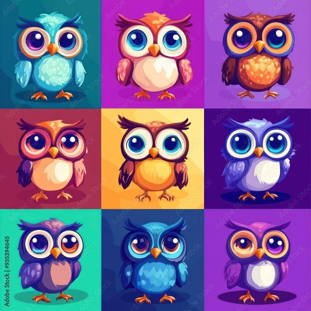 A colorful grid of cartoon owls in various styles and colors. A colorful grid of cartoon owls in various styles and colors.
