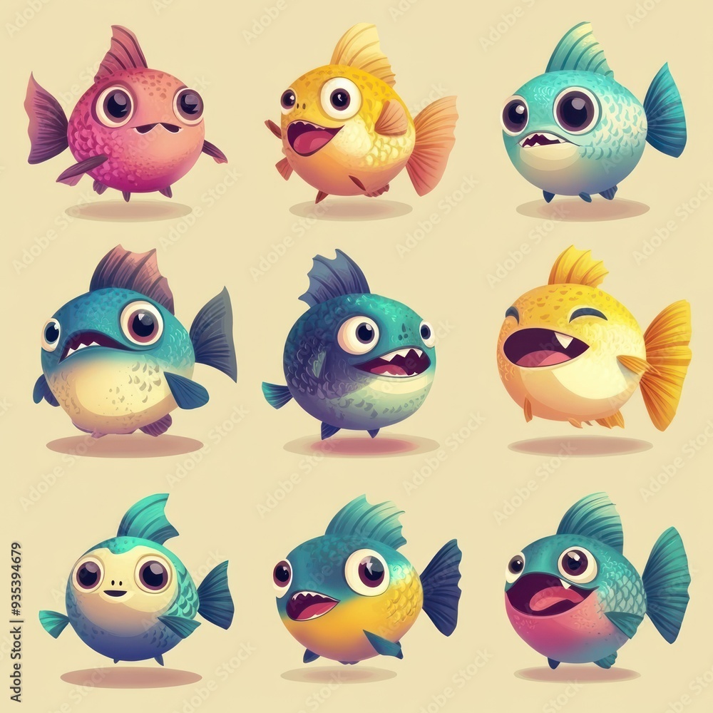 A colorful array of cartoonish fish with various expressions and designs. A colorful array of cartoonish fish with various expressions and designs.