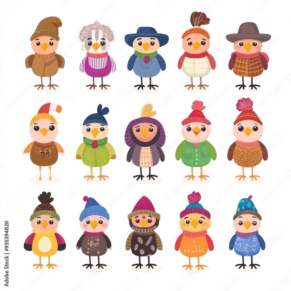 A colorful collection of cartoon birds in various outfits and accessories. A colorful collection of cartoon birds in various outfits and accessories.