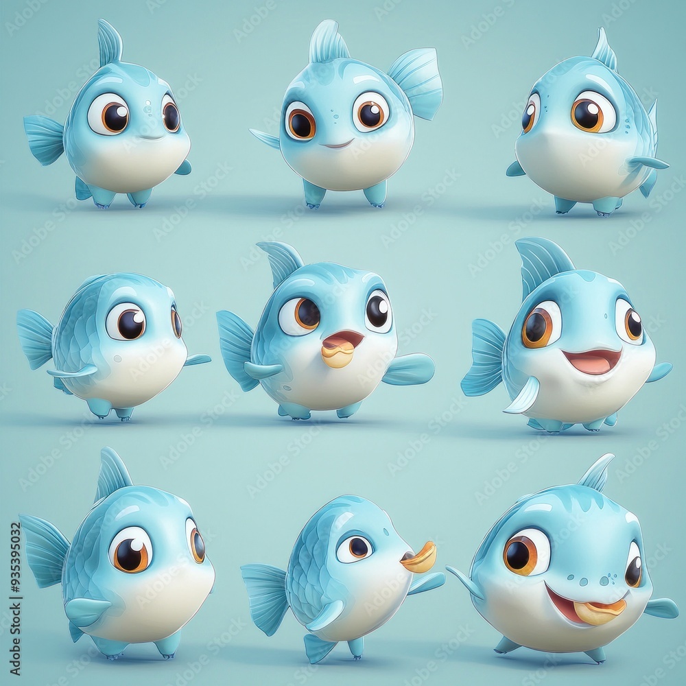 Fototapeta premium A collection of cute, cartoonish blue fish displaying various expressions and poses.