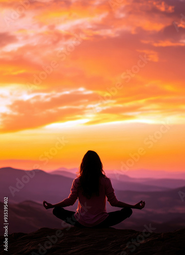 A person meditates peacefully on mountain at sunset, surrounded by vibrant colors.