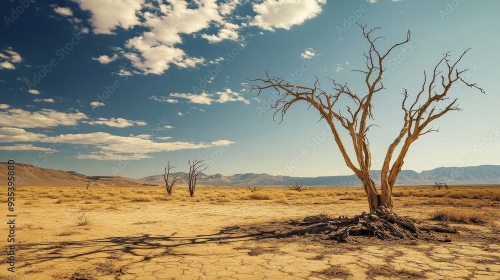 A desolate and arid landscape featuring dead trees and sand dunes beneath. Drought in the desert A desolate and arid landscape featuring dead trees and sand dunes beneath. Drought in the desert
