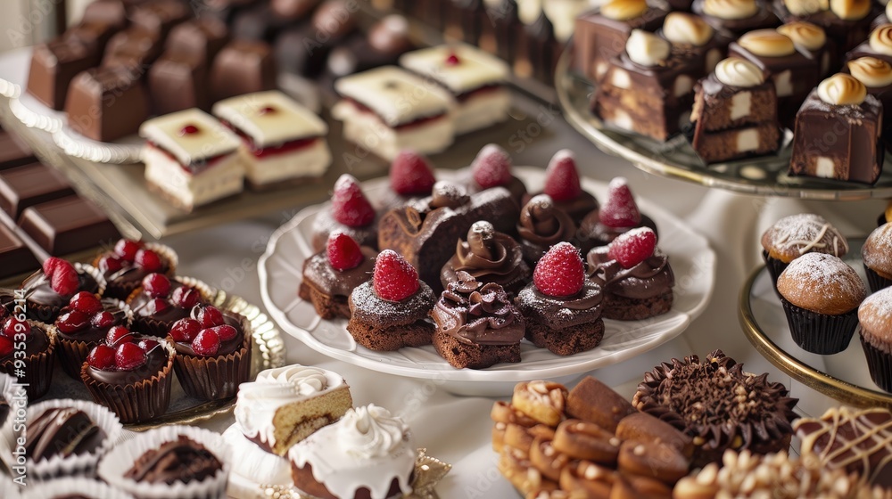 Visualize a decadent dessert spread featuring an assortment of cakes, pastries, and chocolates Visualize a decadent dessert spread featuring an assortment of cakes, pastries, and chocolates