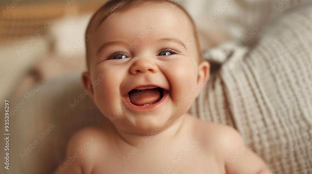 A six-month-old baby with big, sparkling eyes is laughing heartily, showing off their first teeth, against a background of soft pillows A six-month-old baby with big, sparkling eyes is laughing heartily, showing off their first teeth, against a background of soft pillows