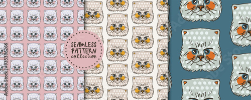 Stylish set with seamless patterns with faces of cats of British and Scottish breed. Vector collection, prints, designs, backgrounds