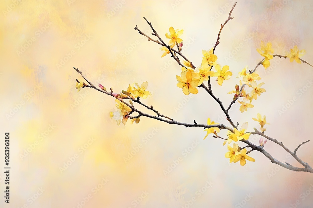 A yellow branch with a few flowers on it