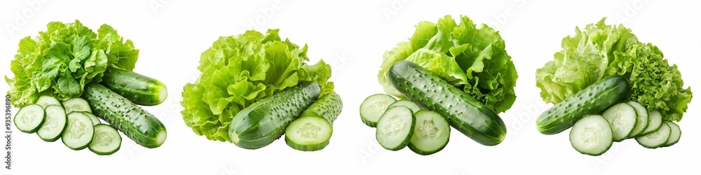 Top view of fresh green lettuce heads with whole and sliced cucumbers, all neatly arranged side by side on a transparent background. Top view of fresh green lettuce heads with whole and sliced cucumbers, all neatly arranged side by side on a transparent background.