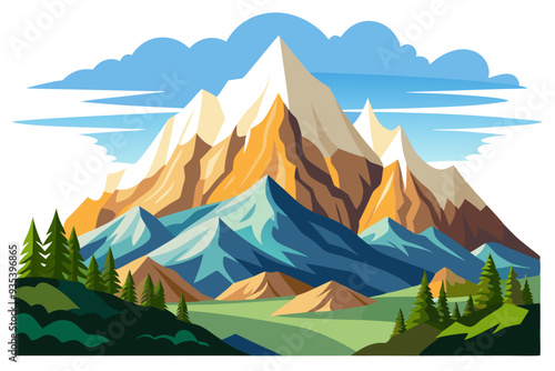 Majestic Mountain Range with Snow-Capped Peaks and Lush Green Foliage