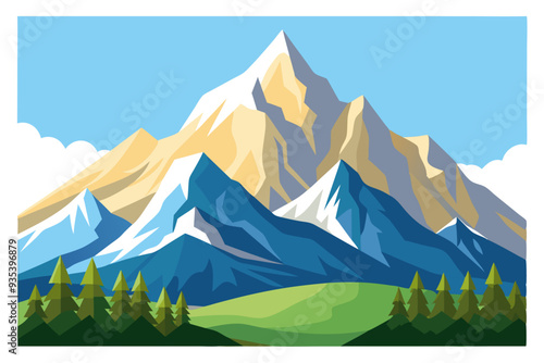 A picturesque view of snow-capped mountain peaks with a foreground of green trees and fields.