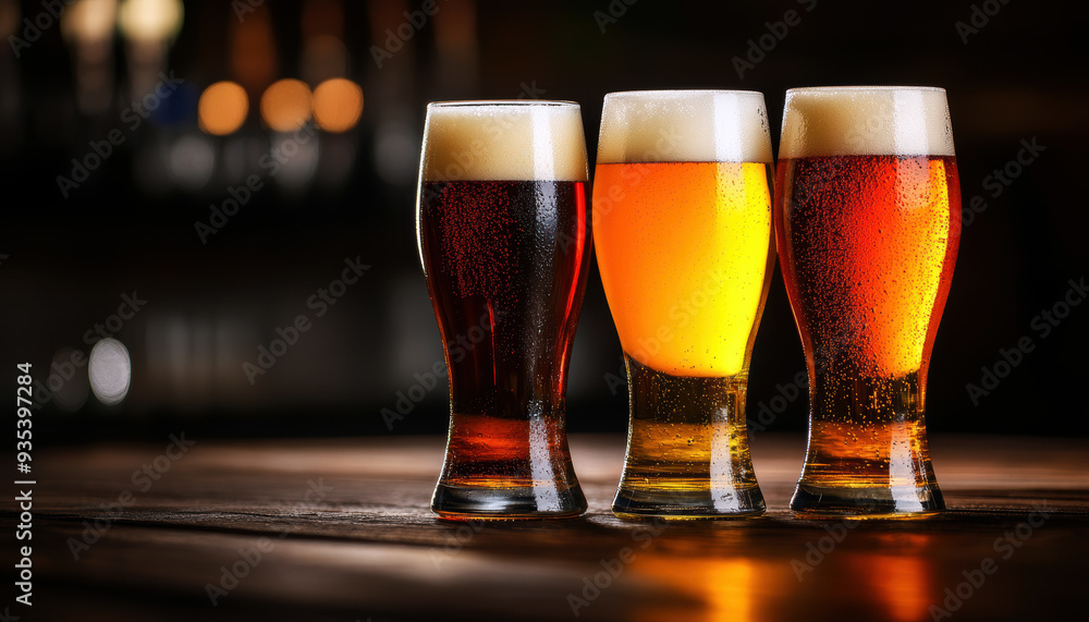 Three glasses of beer with frothy heads sit on wooden table, creating warm and inviting atmosphere. Three glasses of beer with frothy heads sit on wooden table, creating warm and inviting atmosphere.