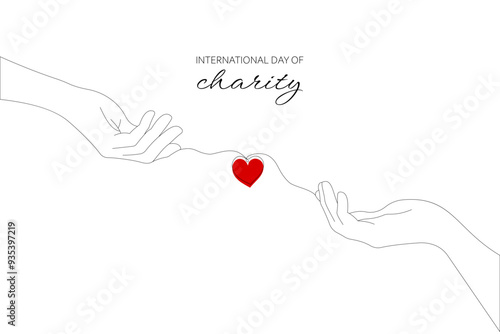 International Day of Charity. Two hands and a red heart. Line art, one line. Hand drawn Vector illustration