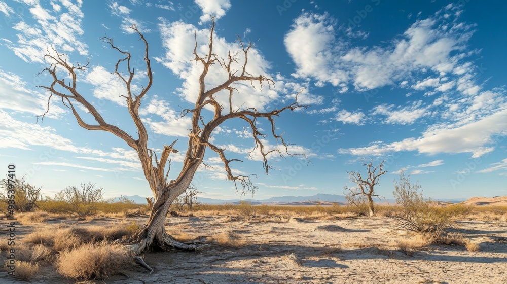 A desolate and arid landscape featuring dead trees and sand dunes beneath. Drought in the desert A desolate and arid landscape featuring dead trees and sand dunes beneath. Drought in the desert