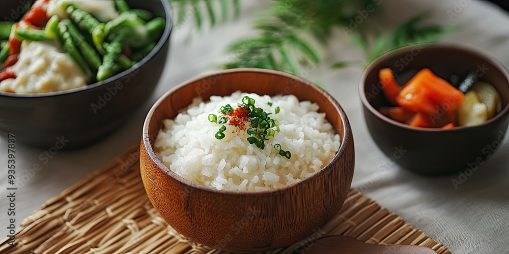 Steamed rice in a wooden bowl, garnished with green onion Steamed rice in a wooden bowl, garnished with green onion