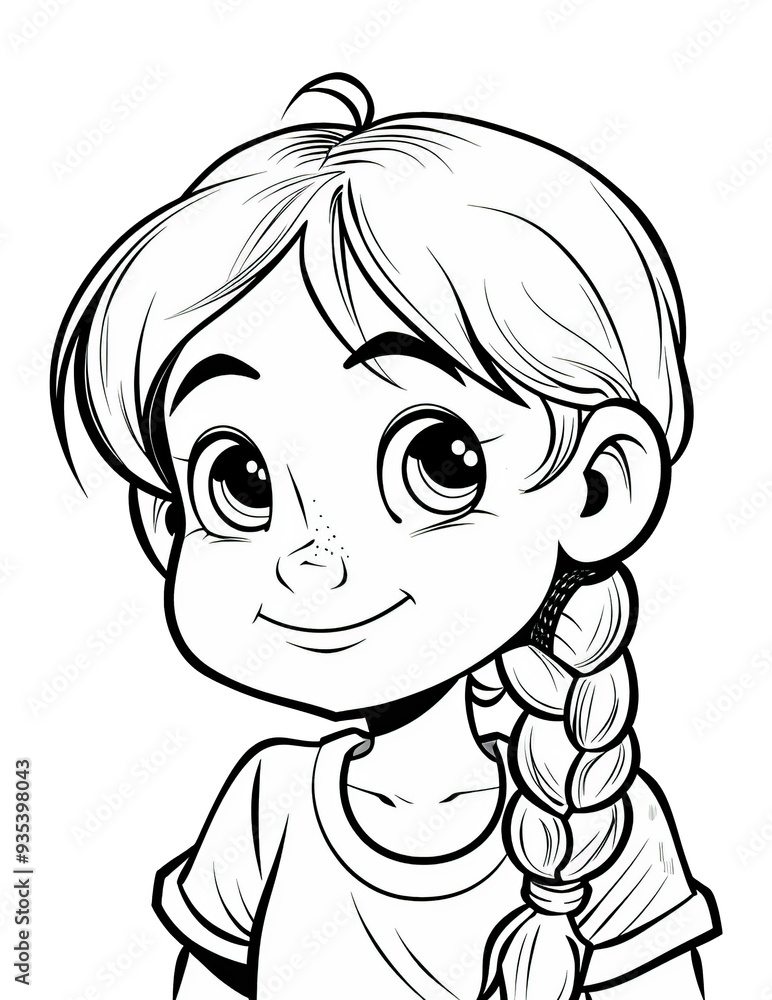 Black and White Cartoon Illustration of Cute Little Girl with Braid Hair, little child, Cartoon style drawing of a smiling girl for coloring on a transparent background Black and White Cartoon Illustration of Cute Little Girl with Braid Hair, little child, Cartoon style drawing of a smiling girl for coloring on a transparent background