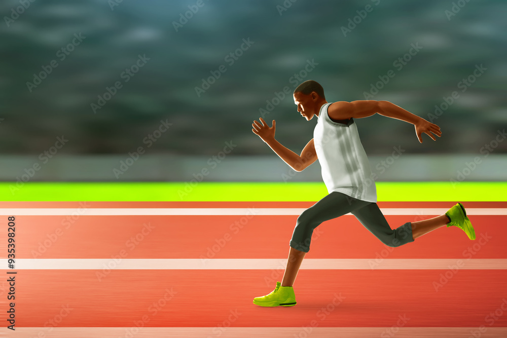 Obraz premium Young man running in the stadium field, 3d illustration