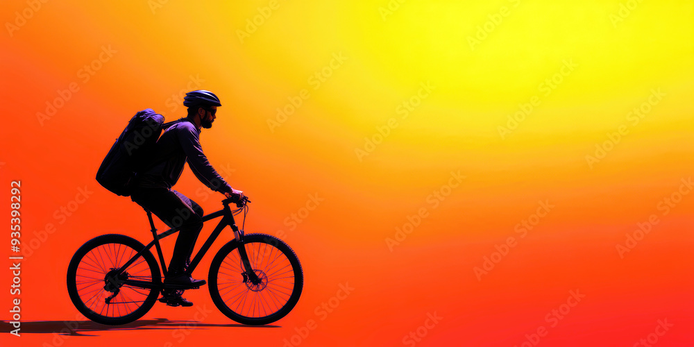 Obraz premium Silhouette of cyclist riding against vibrant sunset background, exuding determination.