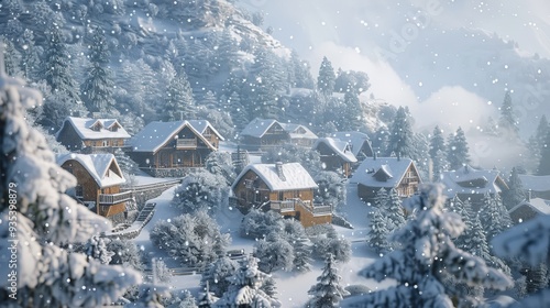 Visualize a tranquil mountain village covered in snow, rendered in stunning 3D.