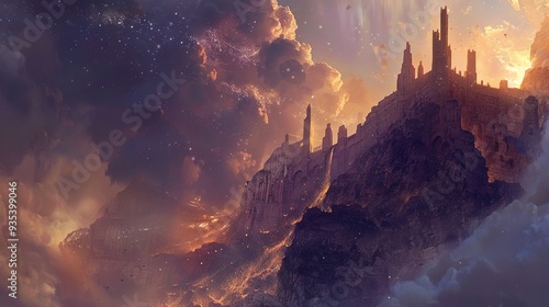 Fantasy Castle on a Mountaintop at Sunset