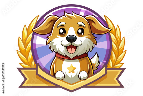 Cartoon Dog with a Golden Wreath and a Ribbon