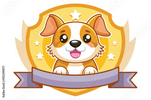 Cute Cartoon Dog Inside a Yellow Shield with Stars and a Ribbon