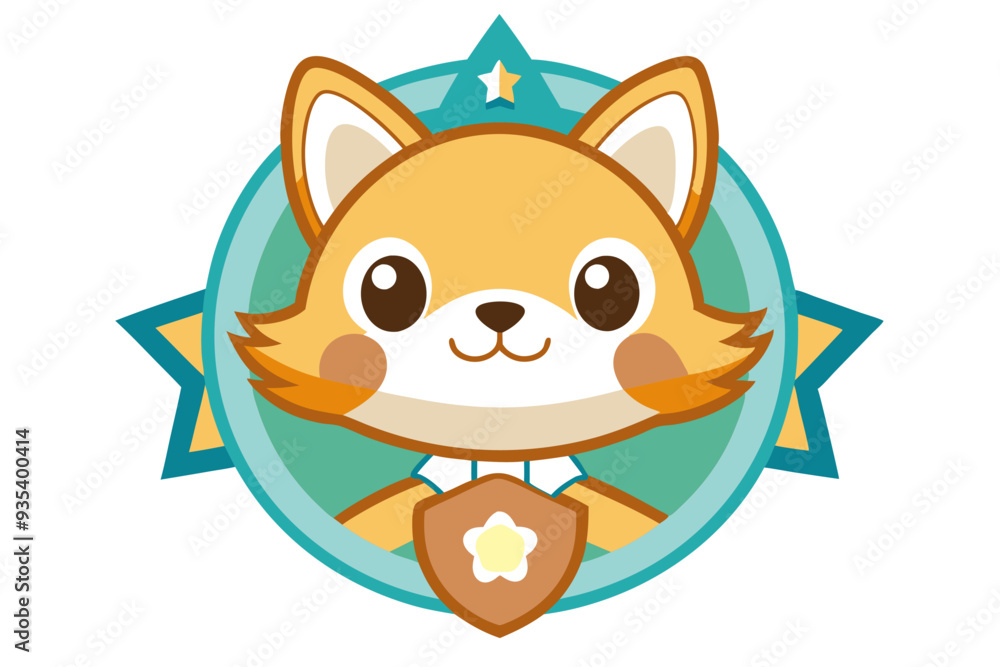 Fototapeta premium Cute Cartoon Fox Holding Shield with Star Inside Circle Badge