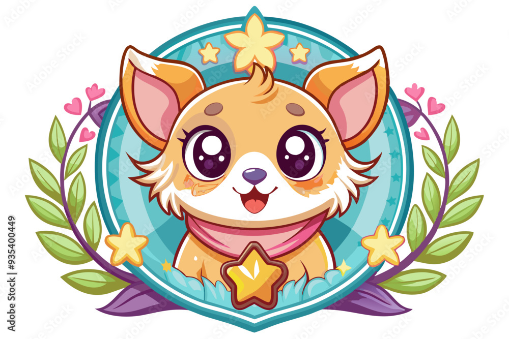 Cartoon Cute Puppy with a Big Smile Surrounded by Stars and Flowers Cartoon Cute Puppy with a Big Smile Surrounded by Stars and Flowers