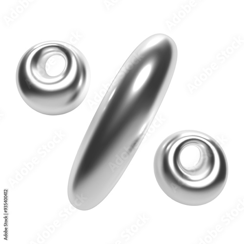 3D chrome percent symbol in Y2K bubble style. Shiny silver surface, inflated liquid metal form. Isolated percentage sign for sale, discount, or finance designs. Rendered vector for modern marketing