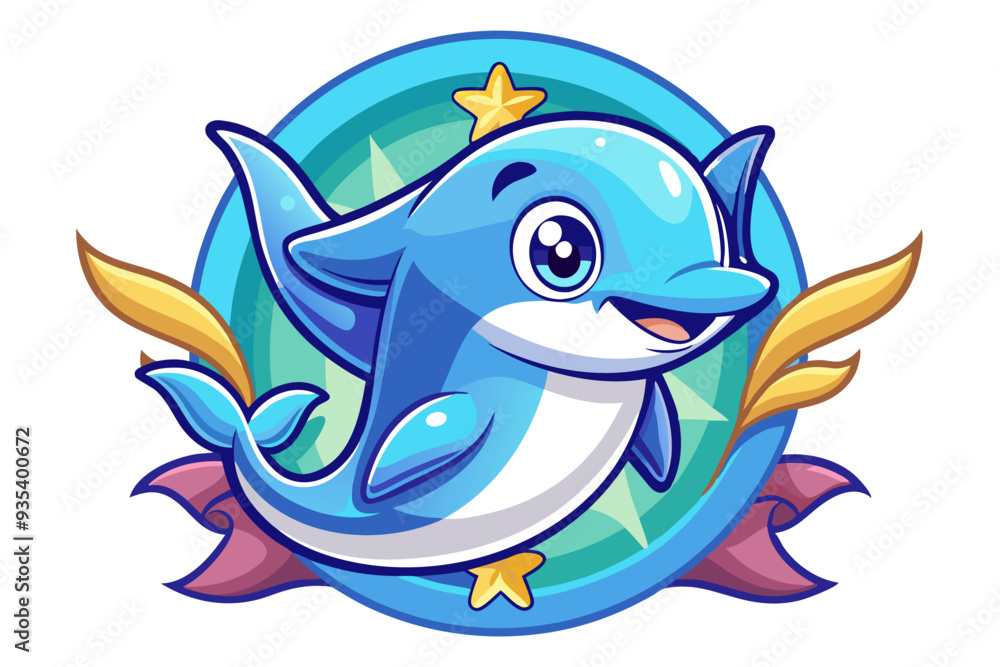 Fototapeta premium Cartoon Blue Dolphin with Stars and Floral Design