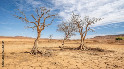 Dry trees in a remote arid region. The beauty of the desert on a sunny day. Drought in the desert