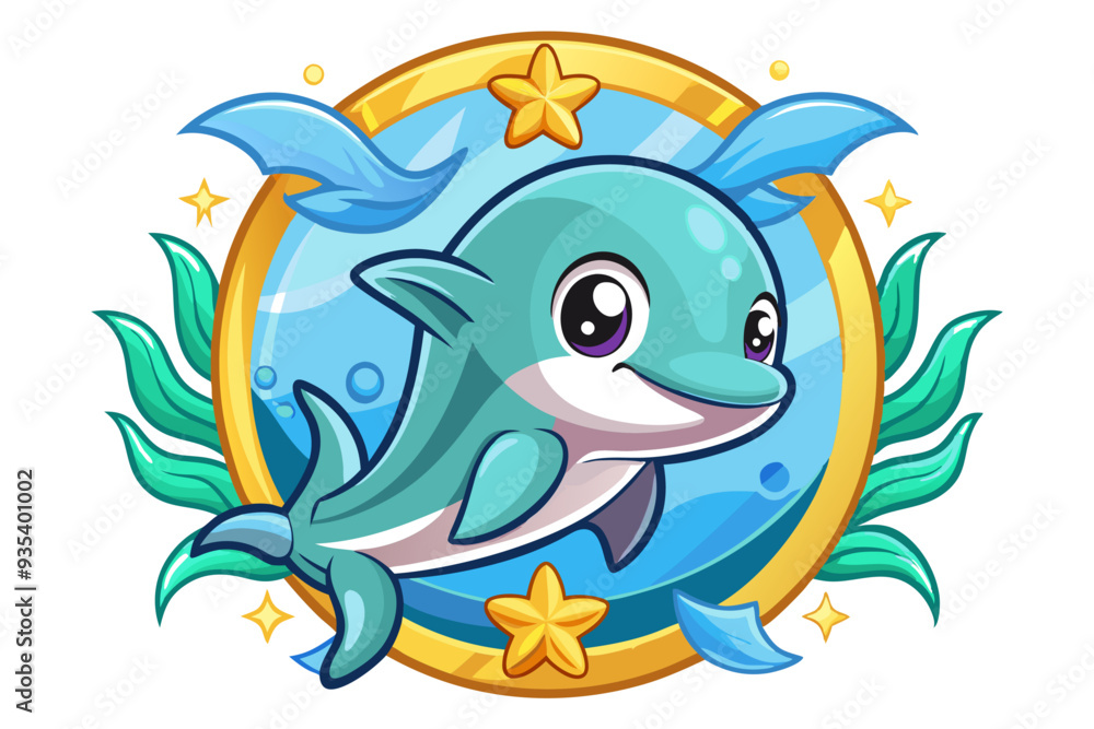Fototapeta premium Cute Cartoon Dolphin in Golden Frame with Seaweed and Stars