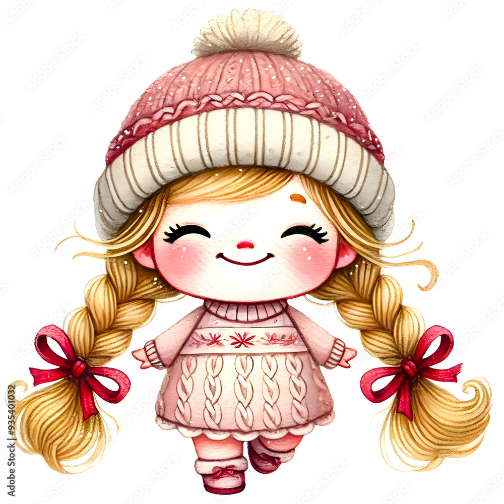Watercolor cute girl in Winter season, Wearing red outfit,Pastel tone,nursery theme. Watercolor cute girl in Winter season, Wearing red outfit,Pastel tone,nursery theme.