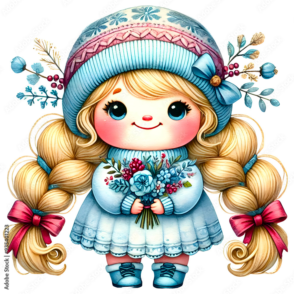Watercolor cute girl in Winter season, hands holding flower bouquet. Wearing blue color outfit.Pastel tone,nursery theme Watercolor cute girl in Winter season, hands holding flower bouquet. Wearing blue color outfit.Pastel tone,nursery theme