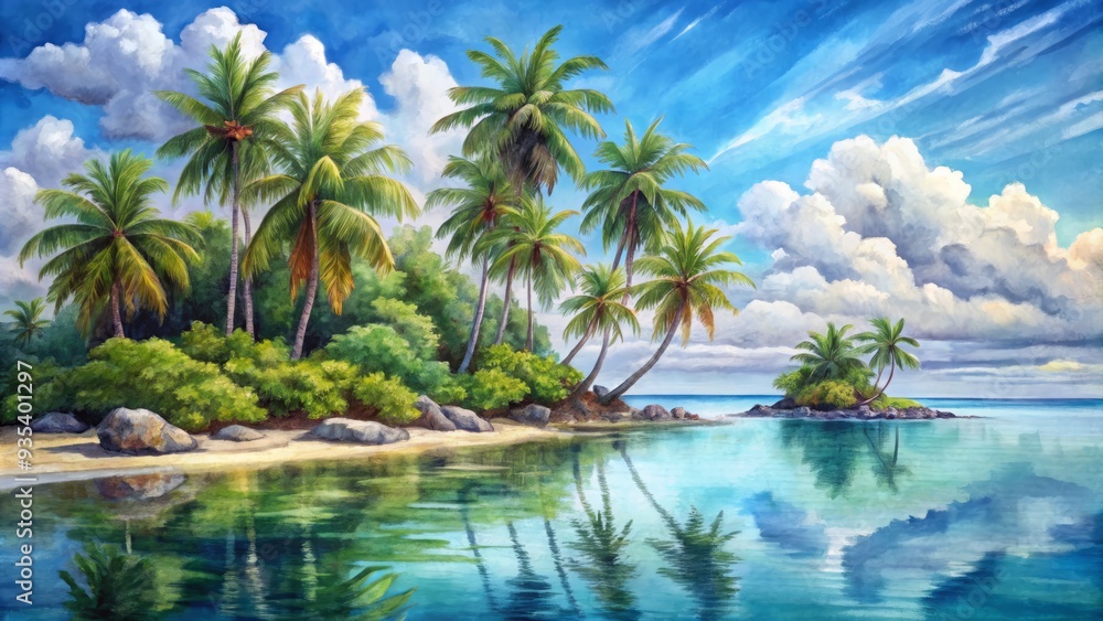 Bask in the tranquility of a tropical island, where gentle waves and blue skies converge in a serene blend of soothing colors and peaceful nature.
