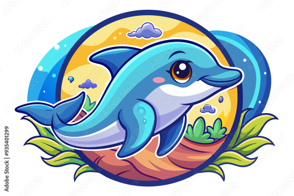 Naklejka premium Cute Cartoon Dolphin with Big Eyes in a Seascape