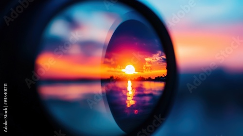 A stunning sunset reflected in a lens, showcasing vibrant colors and serene waters, perfect for nature and photography enthusiasts. photo