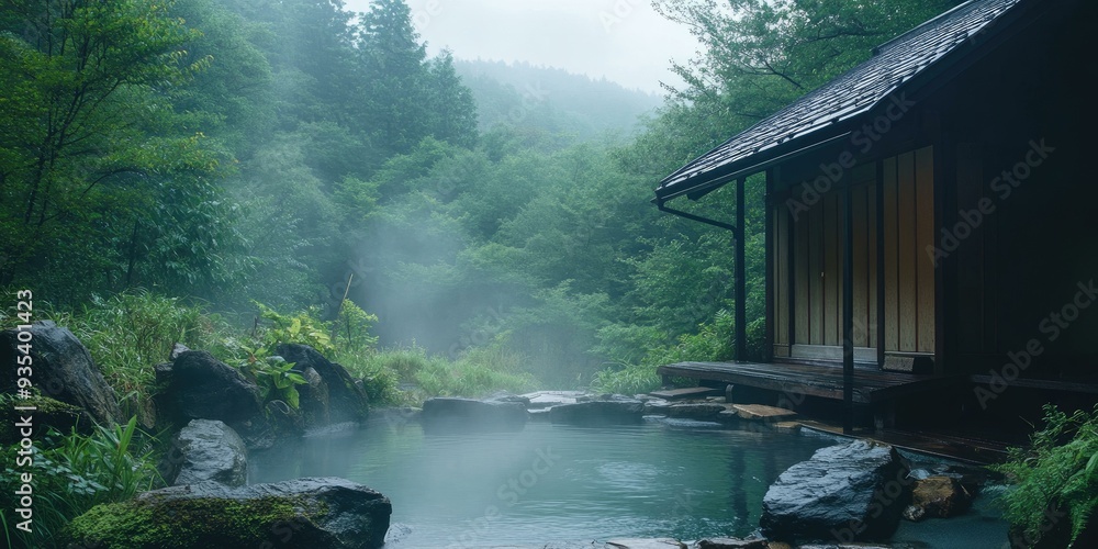 Fototapeta premium Misty forest hot spring with wooden hut.